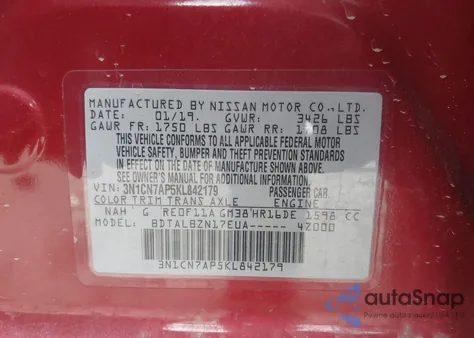 2019 Nissan Versa 1.6 Sv from USA, damaged, VIN 3N1CN7AP5KL842179